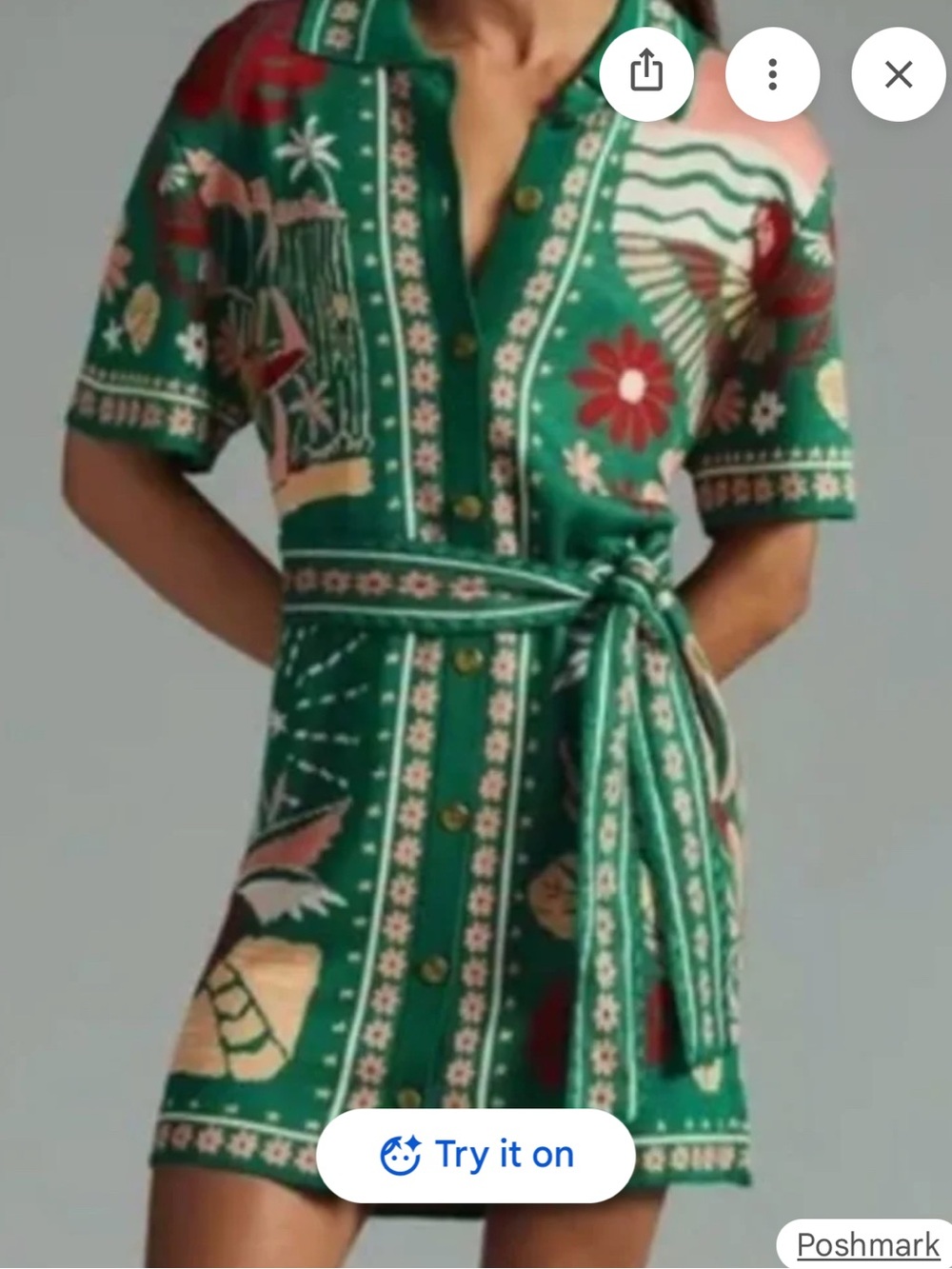 FARM Rio Green Knit Printed Short Sleeve Shirt Dress with Belt - New! Read desc